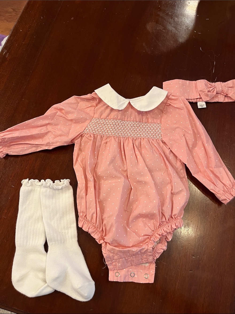 Little Me Pink Dot Smocked One-Piece with White Collar